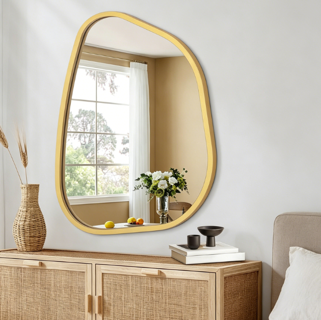 Asymmetrical Irregular Oval Wood Frame Wall Mirror, 35 x 25 cm, Decorative for Bathroom, Living Room, Entryway
